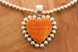 Artie Yellowhorse Genuine Spiny Oyster Shelll Sterling Silver Heart Pendant and Necklace Set